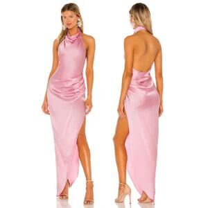 Amanda Uprichard Samba Gown Maxi 100% Silk Halter Neck Side Slit Flamingo Small